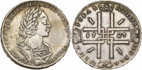 RUSSIE, Pierre le Grand (1689-1725), AR rouble, 1723, Moscou. D/ B. l., dr. et cuir. à d. R/ Date dans une croix formée de quatre Π sous quatre couron...