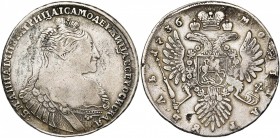 RUSSIE, Anna (1730-1740), AR rouble, 1736, Moscou. D/ B. cuir. à d. R/ Aigle impériale couronnée. Bitkin 128; Dav. 1673. 25,38g Défauts de flan au rev...