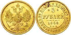 RUSSIE, Alexandre II (1855-1881), AV 5 roubles, 1868HI, Saint-Pétersbourg. Bitkin 16; Uzd. 252; Fr. 163. Petites taches.

Très Beau / Very Fine