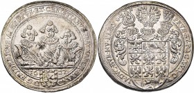 ALLEMAGNE, BRANDEBOURG-ANSBACH, Friedrich II, Albrecht et Christian (1625-1634), AR Taler, 1627, Nuremberg. D/ B. cuir. des trois frères de f. R/ Ecu ...
