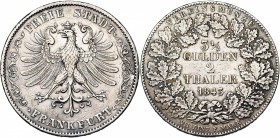ALLEMAGNE, FRANCFORT, Ville libre, AR double Taler (3 1/2 Gulden), 1843. J. 23; A.K.S. 2. Griffe au droit.

Très Beau / Very Fine