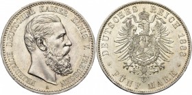 ALLEMAGNE, PRUSSE, Friedrich III (1888), AR 5 Mark, 1888A. J. 99; A.K.S. 121; Dav. 787. Griffes.

Superbe / Extremely Fine