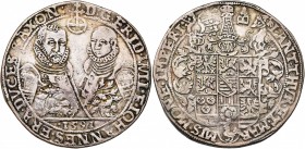 ALLEMAGNE, SAXE-ALT WEIMAR, Friedrich Wilhelm et Johann (1573-1603), AR Taler, 1591B, Saalfeld. D/ B. cuir. des deux frères de trois quarts de f., la ...