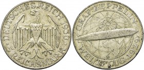 ALLEMAGNE, République de Weimar, (1919-1933), AR 5 Reichsmark, 1930D. Vol du Zeppelin. J. 343; A.K.S. 66.

Très Beau / Very Fine