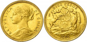 CHILI, République (1818-), AV 10 pesos, 1896, Santiago. Fr. 52.

Très Beau / Very Fine