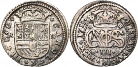 ESPAGNE, Charles III, prétendant (1700-1714), AR 2 reales, 1711, Barcelone. D/ Ecu couronné. R/ Monogramme couronné. C.C.T. 24. 5,03g.

Très Beau / ...