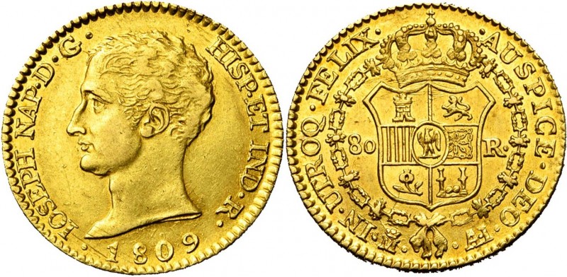 ESPAGNE, Joseph Napoléon (1808-1813), AV 80 reales, 1809AI, Madrid. Tête nue. Ca...