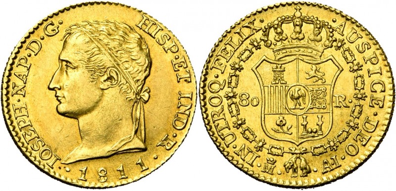 ESPAGNE, Joseph Napoléon (1808-1813), AV 80 reales, 1811AI, Madrid. Tête laurée....