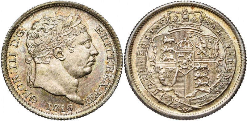 GRANDE-BRETAGNE, Georges III (1760-1820), AR shilling, 1816. S. 3790. Belle pati...