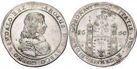 LIVONIE, RIGA, sous domination suédoise, Charles XI (1660-1697), AR Taler, 1660IW. D/ B. dr. et cuir. à d. R/ Porte de ville fortifiée, avec un fanion...