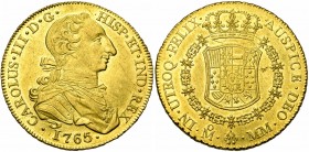 MEXIQUE, Charles III (1759-1788), AV 8 escudos, 1765MM, Mexico. Type "cara de rata" (face de rat). D/ B. dr. et cuir. à d., décoré de la Toison d''or....