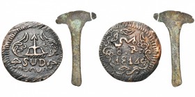 MEXIQUE, lot de 2 p.: Mexique précolombien, hache de bronze ayant peut-être servi de monnaie chez les Aztèques (rare, 46 mm, cassée); Guerre d''indépe...