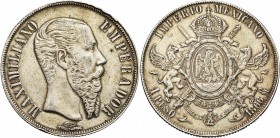 MEXIQUE, Maximilien, empereur (1864-1867), AR peso, 1866Mo, Mexico. Grove 5442. Coups sur la tranche.

Très Beau / Very Fine