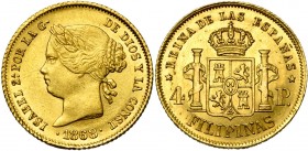 PHILIPPINES, Colonie espagnole, Isabelle II (1833-1868), AV 4 pesos, 1868, Manille. Cal. 865; Fr. 1. Petit coup sur la tranche.

Très Beau à Superbe...