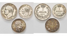 SERBIE, AR lot de 3 p.: Milan Obrenovich IV, 2 dinara et 1 dinar 1875; Pierre Ier, 1 dinar, 1912. K.M. 5, 6, 25-1.

Très Beau / Very Fine
