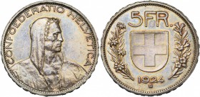 SUISSE, Confédération helvétique, AR 5 francs, 1924B, Berne. Divo 355; Dav. 393. Rare Petits coups. Belle patine.

Superbe / Extremely Fine