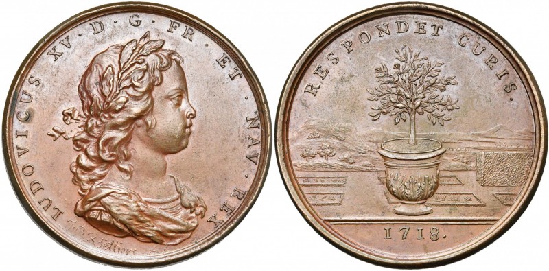 FRANCE, AE médaille, 1718, Roettiers. Les progrès du roi. D/ B. l. et dr. du jeu...