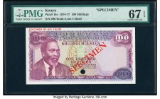 Kenya Central Bank of Kenya 100 Shillings 1974-77 Pick 14s Specimen PMG Superb Gem Unc 67 EPQ. Red Specimen overprint; one POC.

HID09801242017

© 202...