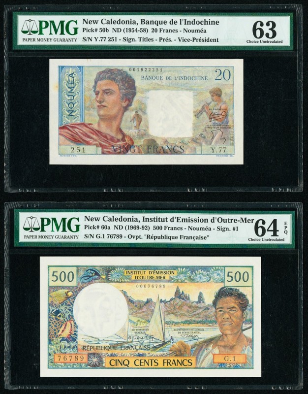 New Caledonia Banque de l'Indochine; Institut d'Emission 20; 500 Francs ND (1954...