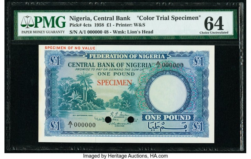 Nigeria Central Bank of Nigeria 1 Pound 15.9.1958 Pick 4cts Color Trial Specimen...