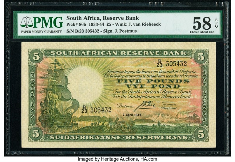 South Africa South African Reserve Bank 5 Pounds 7.4.1943 Pick 86b PMG Choice Ab...