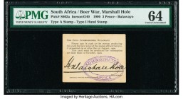 South Africa Marshall Hole 3 Pence 1.8.1900 Pick S662a PMG Choice Uncirculated 64. 

HID09801242017

© 2020 Heritage Auctions | All Rights Reserved