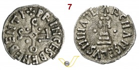BENEVENTO - SICONE, Principe (817-832) Denaro. D/ Monogramma R/ Croce su gradini. MIR 215 Ag g 1,18 Molto rara BB
