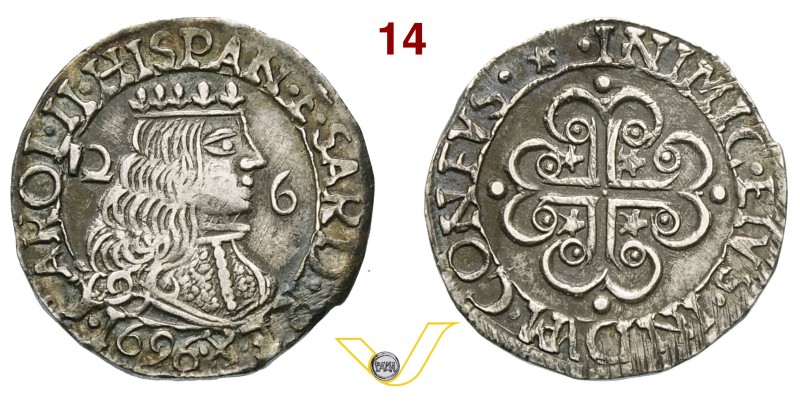 CAGLIARI - CARLO II DI SPAGNA (1665-1700) 2,5 Reali 1696. D/ Busto coronato R/ C...