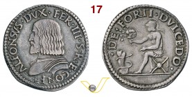 FERRARA - ALFONSO I D'ESTE (1505-1534) Quarto di Scudo o Testone. D/ Busto corazzato R/ Sansone, elmato, seduto verso s. con una testa di leone dalle ...