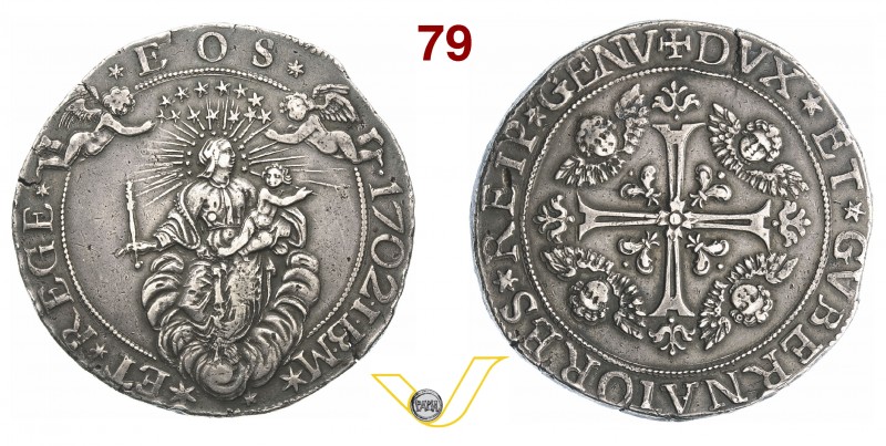 GENOVA - DOGI BIENNALI, III fase (1637-1797) 2 Scudi 1702, sigle IBM. D/ La Mado...
