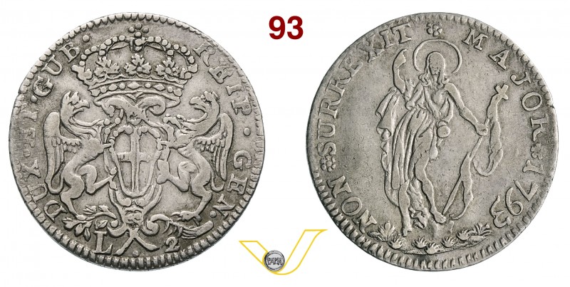 GENOVA - DOGI BIENNALI, III fase (1637-1797) 2 Lire 1793. CNI 19 MIR 316/2 Ag g ...