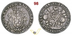 LIVORNO - FERDINANDO II DE' MEDICI (1621-1670) Quarto di pezza della rosa 1665. D/ Stemma coronato R/ Pianta di rose. CNI 50/51 MIR 63 Ag g 6,37 Raris...