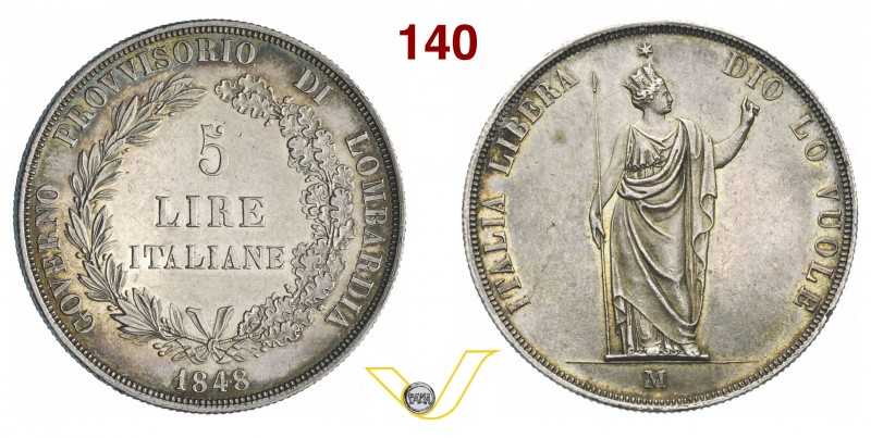 MILANO - GOVERNO PROVVISORIO DI LOMBARDIA (1848) 5 Lire 1848. Pag. 213 Ag g 24,9...