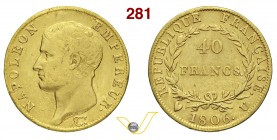 NAPOLEONE I, Imperatore (1804-1814) 40 Franchi 1806 Torino. Pag. 12 Au g 12,79 Rara MB+