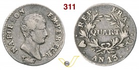 NAPOLEONE I, Imperatore (1804-1814) Quarto di Franco An. 13 (1804-1805) Torino. Pag. 60 Ag g 1,21 Molto rara • Graffietti al D/, altrimenti BB