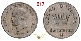 NAPOLEONE I, Imperatore (1804-1814) 3 Centesimi 1807 Milano “I° tipo”. Pag. 79 Cu g 6,32 BB÷SPL