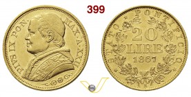PIO IX (1846-1878) 20 Lire 1867 XXII, Roma “busto medio”. Pag. 531 Au g 6,45 SPL