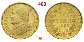 PIO IX (1846-1878) 20 Lire 1869 A. XXIV, Roma. Varesi 180 Au g 6,46 q.SPL