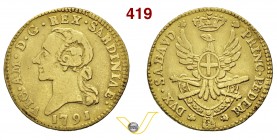 VITTORIO AMEDEO III (1773-1796) Mezza Doppia 1791, Torino. D/ Testa nuda R/ Aquila coronata. Sim. 6 MIR 948fa Au g 4,45 Molto rara MB