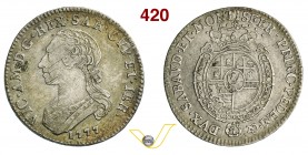 VITTORIO AMEDEO III (1773-1796) Quarto di Scudo 1777. MI 989e (R4) Ag g 8,69 Molto rara q.BB