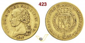 VITTORIO EMANUELE I (1802-1821) 20 Lire 1817 Torino. MIR 1028b Pag. 5 Varesi 4 Au g 6,33 Rara q.BB/MB