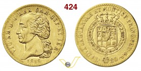 VITTORIO EMANUELE I (1802-1821) 20 Lire 1818 Torino. MIR 1028c Pag. 6 Varesi 5 Au g 6,43 Rara BB+