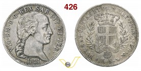 VITTORIO EMANUELE I (1802-1821) 5 Lire 1821 Torino. MIR 1031a Pag. 15 Ag g 24,75 Molto rara q.BB