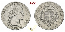 VITTORIO EMANUELE I (1802-1821) 5 Lire 1821 Torino. MIR 1031a Pag. 15 Ag g 25,75 Molto rara • Colpetti MB