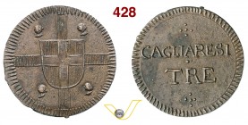 VITTORIO EMANUELE I (1802-1821) 3 Cagliaresi s.d. (1813) Cagliari. MIR 1025 Pag. 21 Cu g 4,95 Rarissima q.FDC
