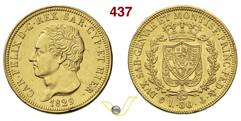 CARLO FELICE (1821-1831) 80 Lire 1829 Genova. MIR 1032l Pag. 33 Au g 25,68 • Tra...