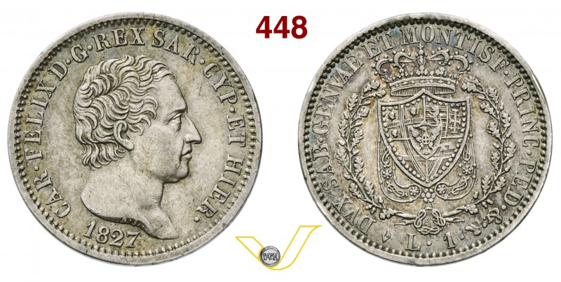 CARLO FELICE (1821-1831) Lira 1827 Torino. MIR 1037i Pag. 102 Ag g 5,00 • Bella ...