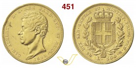 CARLO ALBERTO (1831-1849) 100 Lire 1834 Genova. MIR 1043d Pag. 138 Au g 32,22 • Colpo sul taglio BB