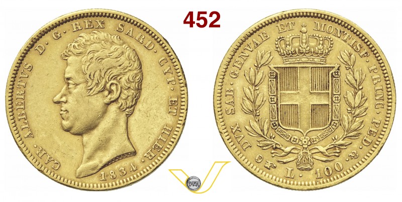 CARLO ALBERTO (1831-1849) 100 Lire 1834 Genova. MIR 1043d Pag. 138 Au g 32,23 BB