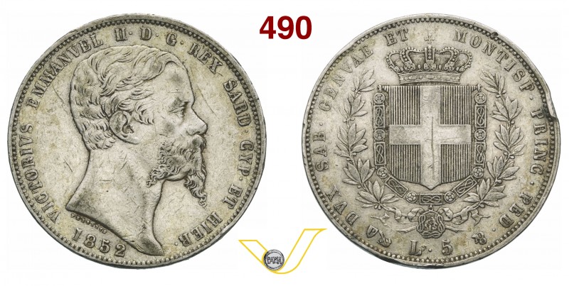 VITTORIO EMANUELE II, Re di Sardegna (1849-1861) 5 Lire 1852 Genova. MIR 1057e P...